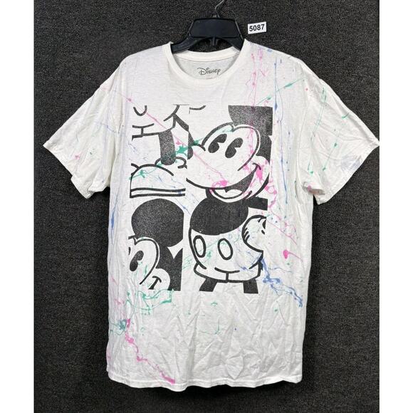 Disney Mickey Mouse Shirt Mens Large White Paint Splatter Graphic Tee Crewneck - Picture 1 of 5